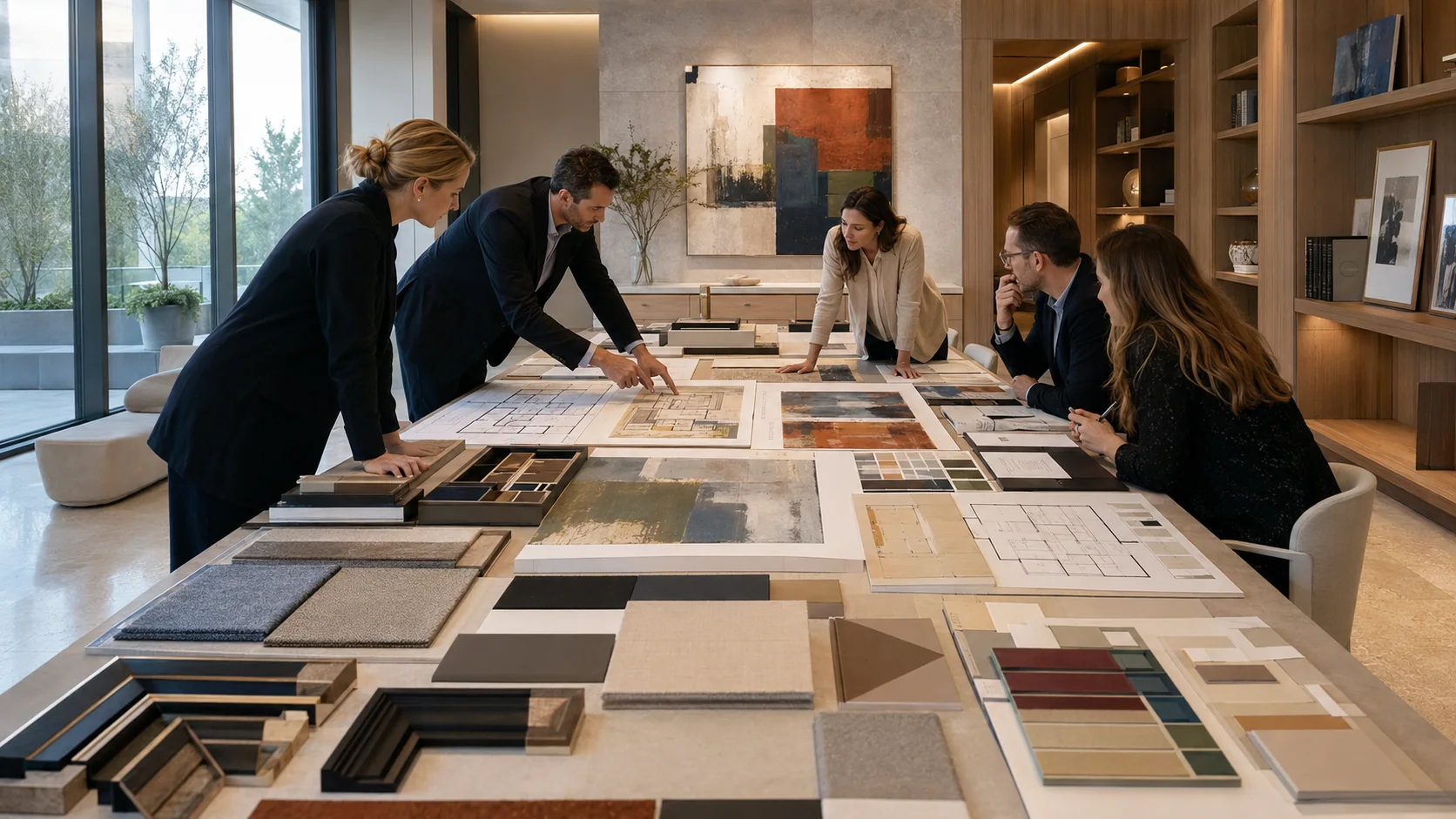 Corporate artwork curation workshop with materials and artwork samples