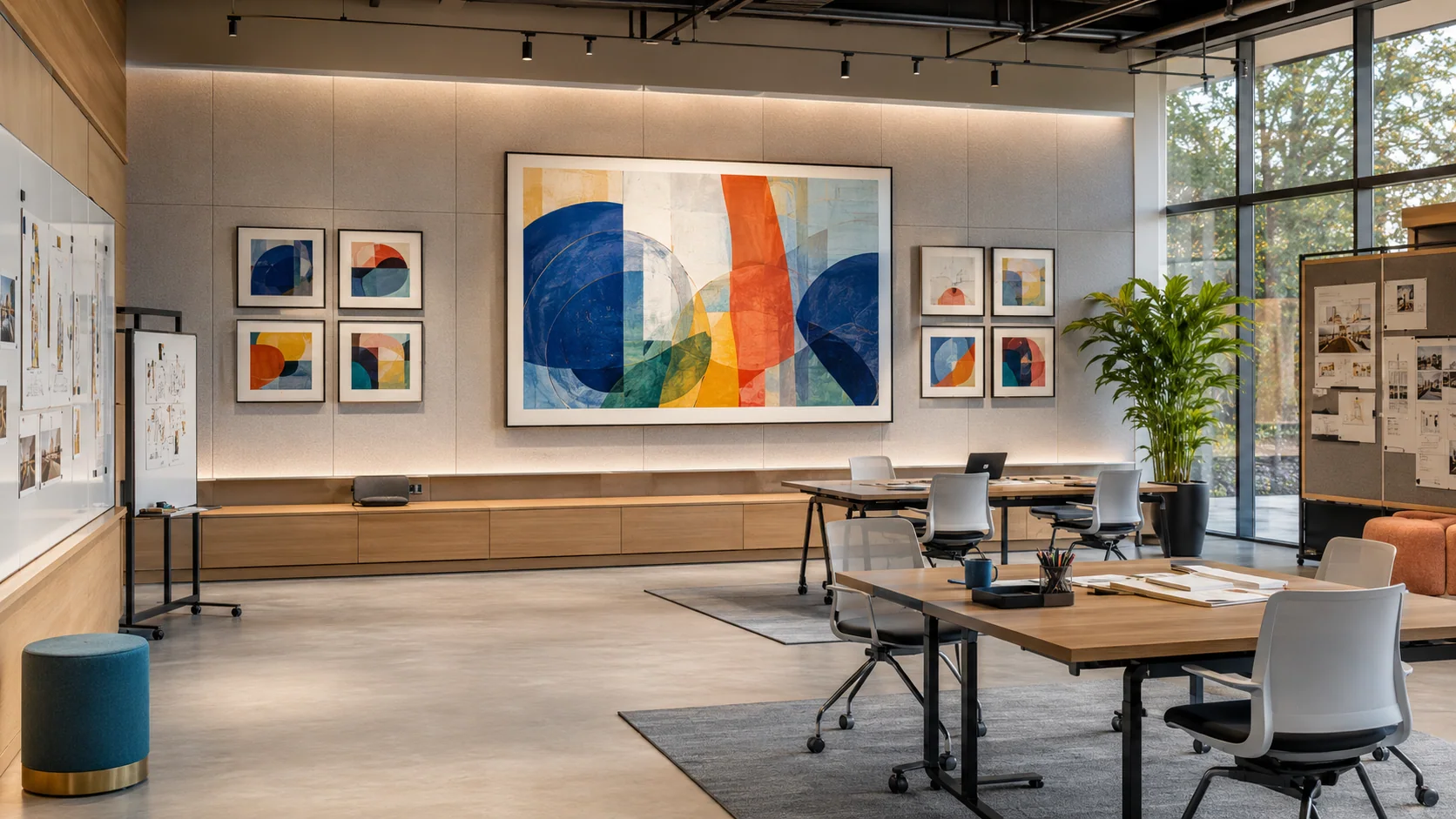 Open office with a quiet three-piece artwork series