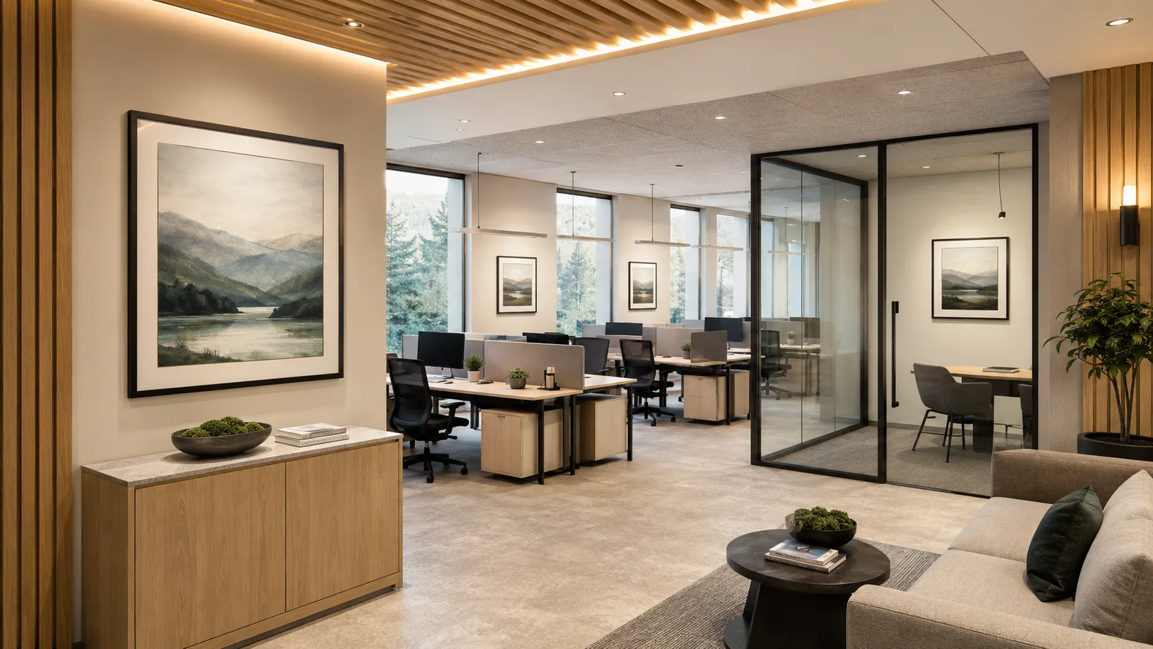 Open workplace transition zone with a coordinated artwork group