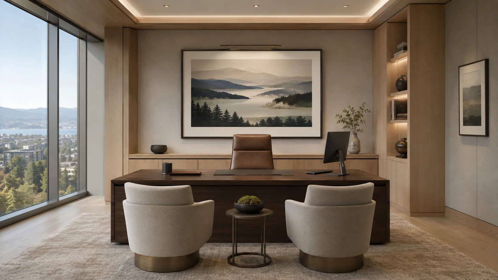 Staff lounge with warm local botanical artwork