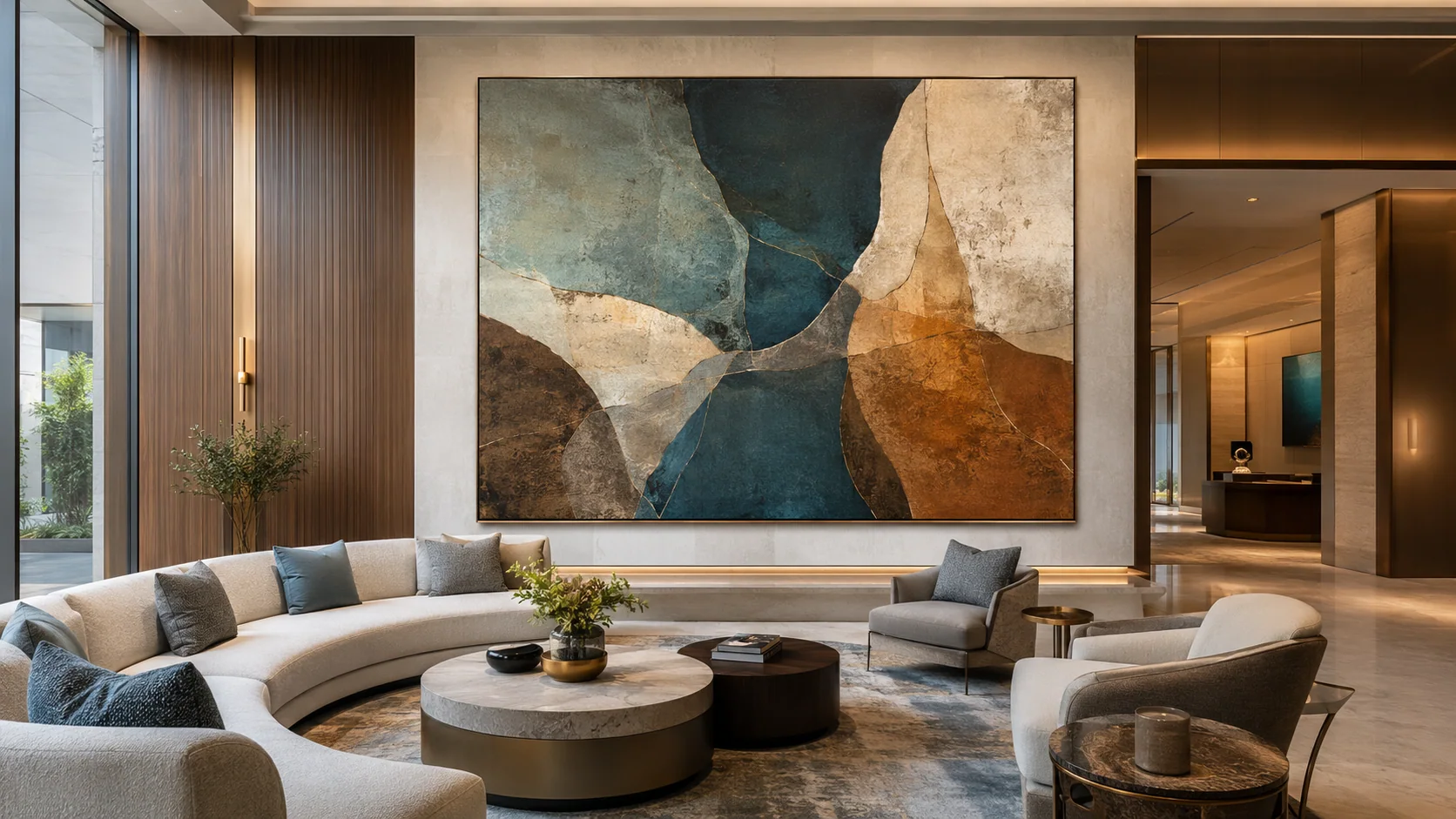 Technology brand translation board with a blue abstract artwork system