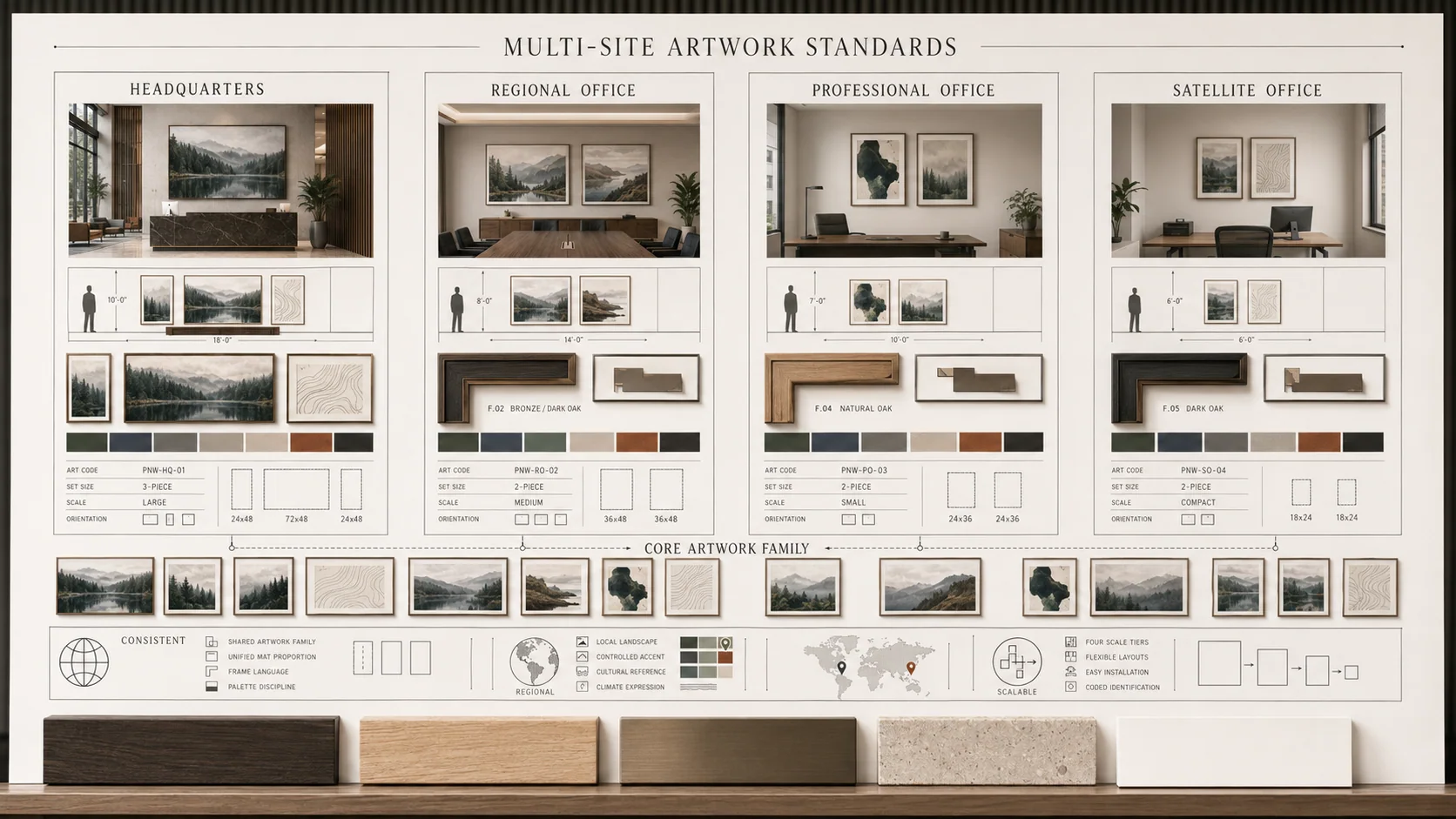 Workplace artwork register with room and specification assignments