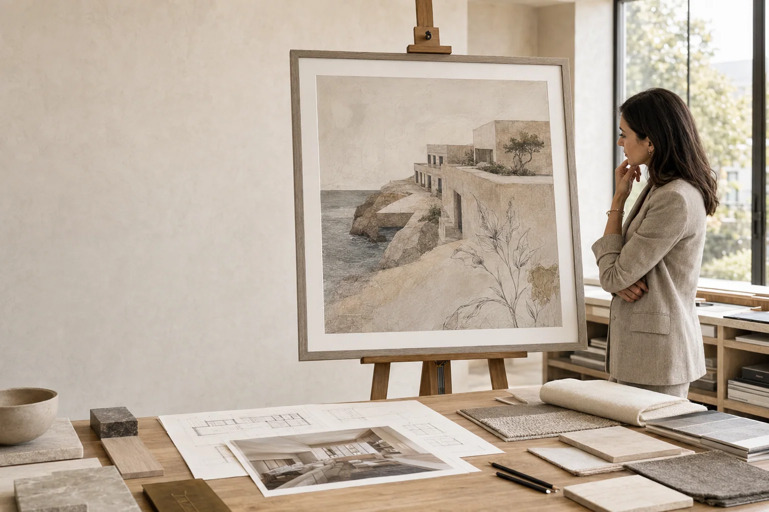 Art director reviewing a commercial artwork collection for a hospitality project