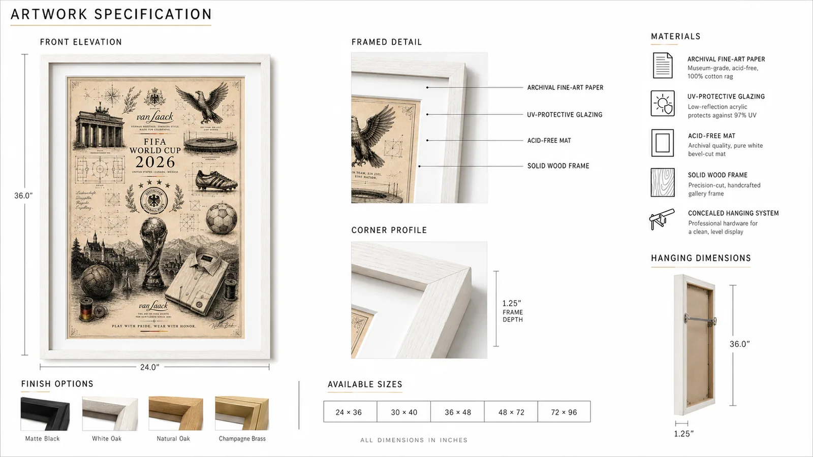 Hospitality artwork specification sheet with size and frame details