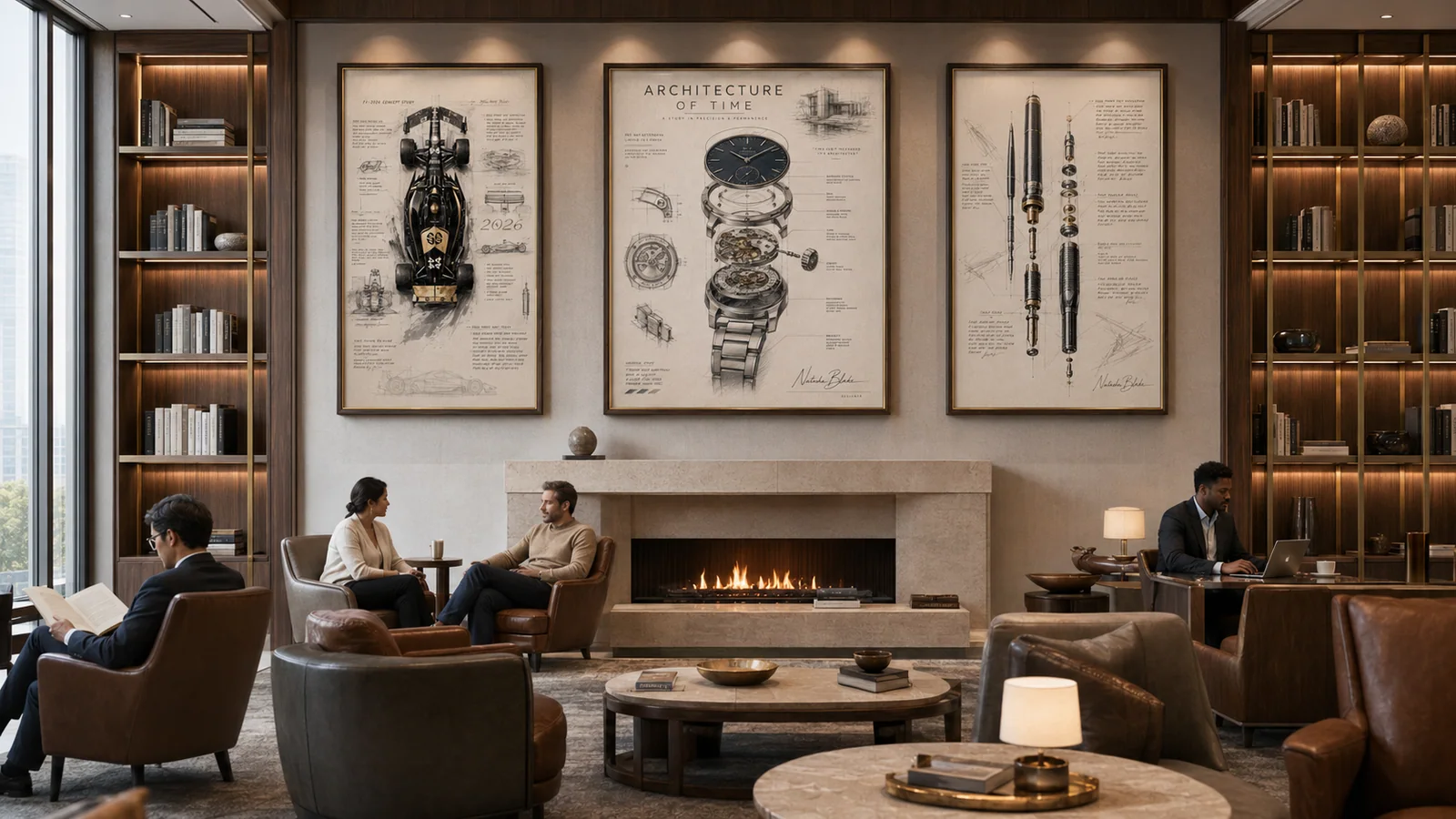 Completed hospitality club lounge installation with coordinated artwork series