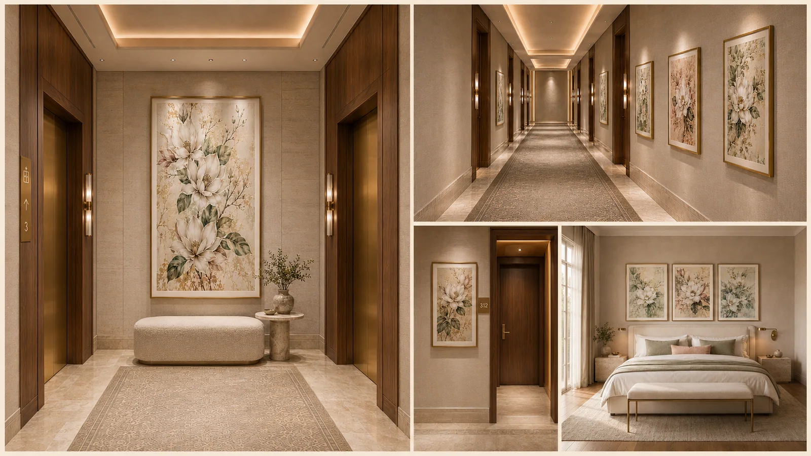 Completed corridor, elevator-bank and guest-room artwork placement examples