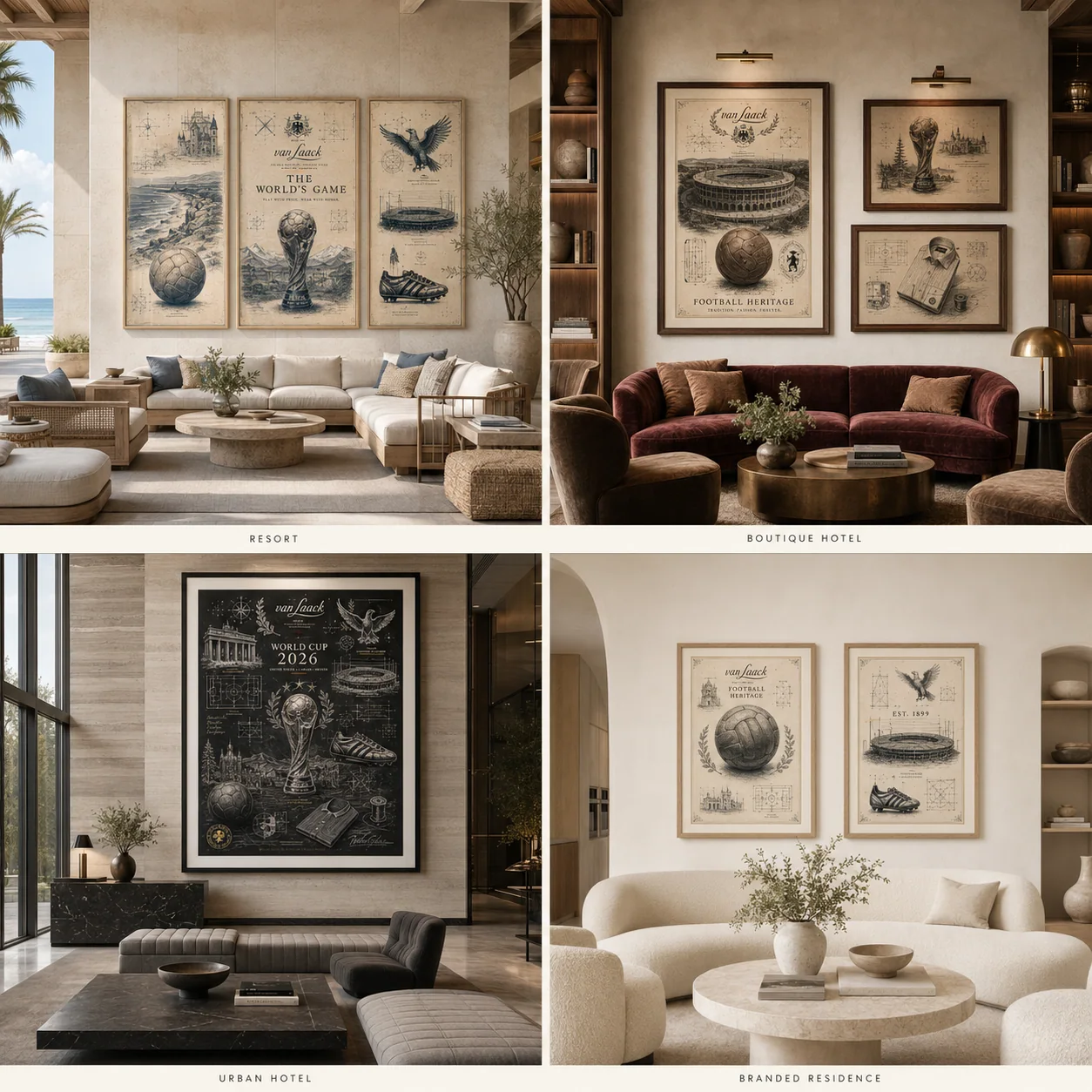 Custom hospitality artwork family across coordinated interiors