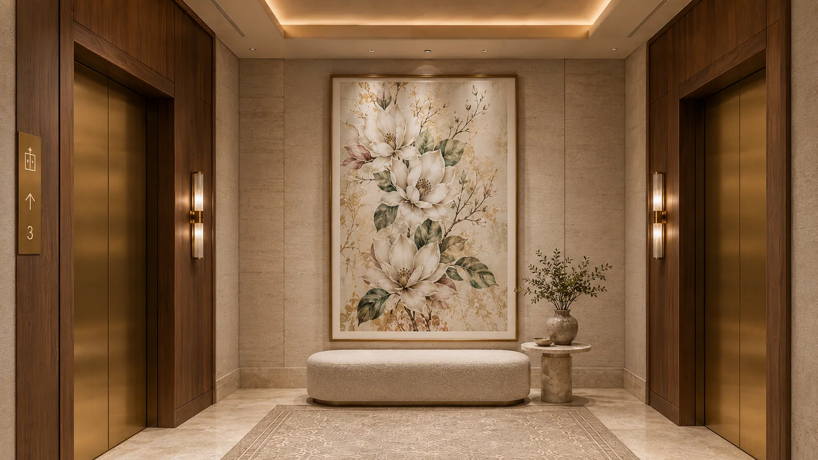 Vertical feature artwork installed at a commercial elevator bank