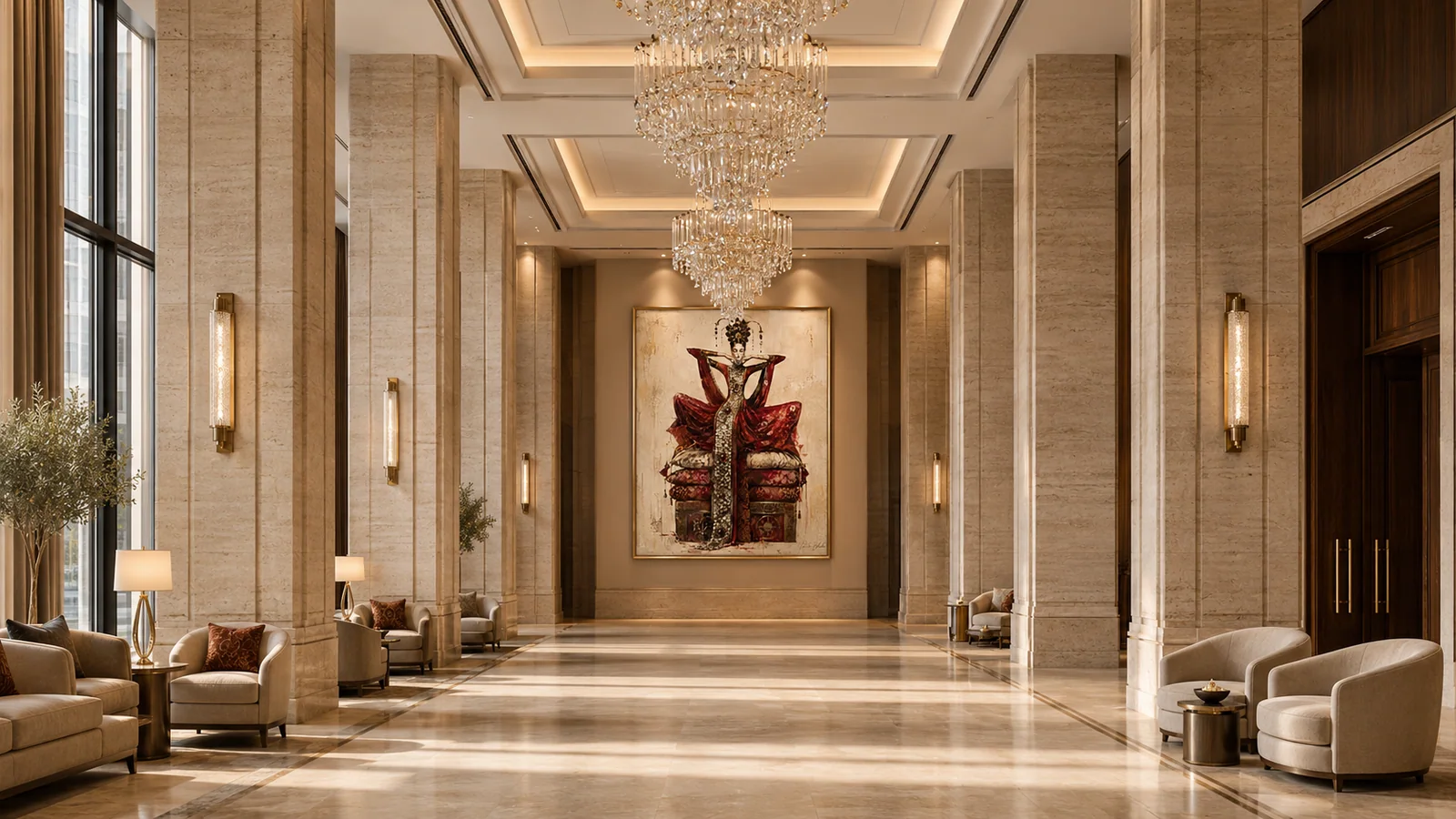Completed hotel event foyer installation with statement artwork