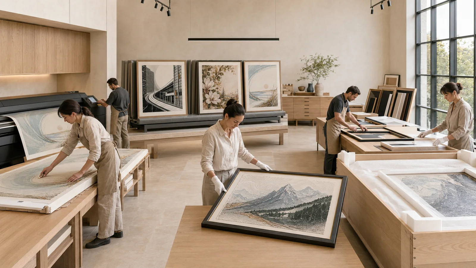 Framing studio preparing hospitality artwork