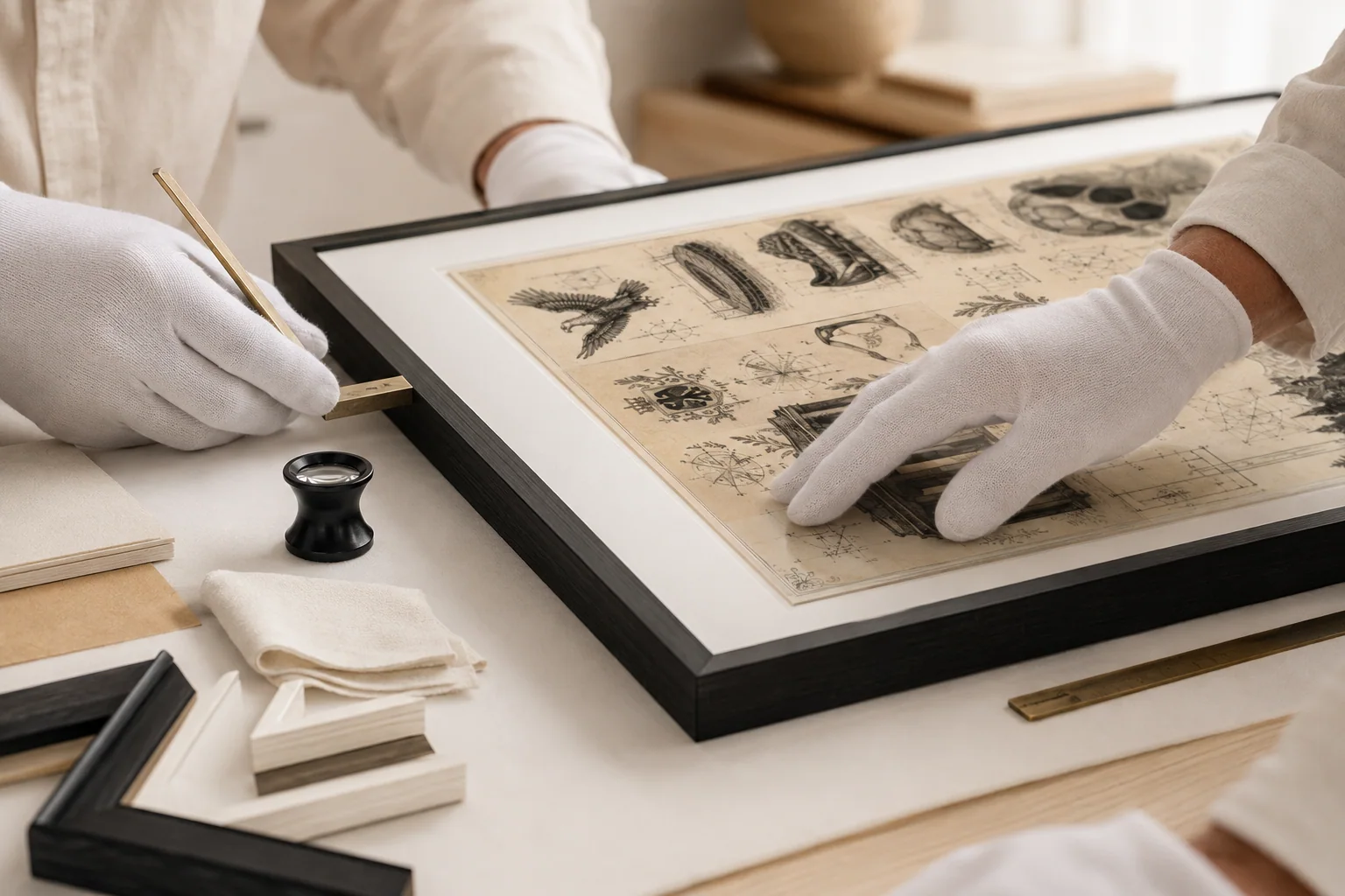 Quality-control review of a framed hospitality artwork