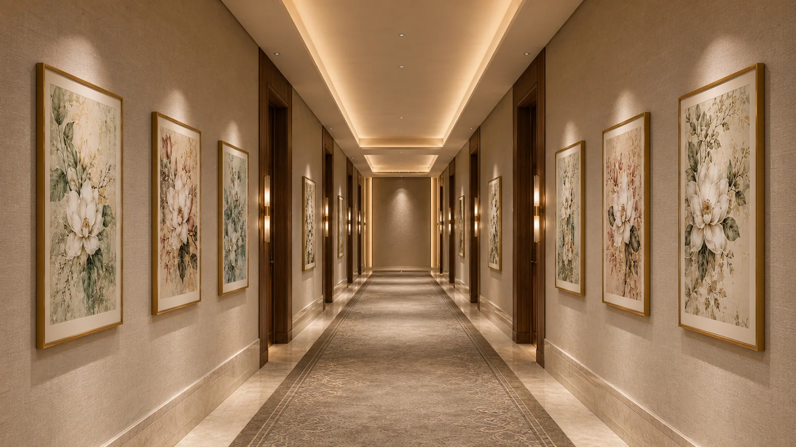 Completed hotel corridor installation with a botanical artwork series