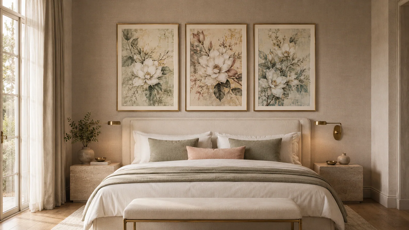 Completed hotel guest-room installation with botanical triptych artwork