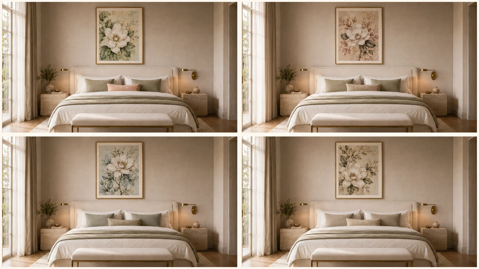 Four completed guest-room artwork colorway and placement variations
