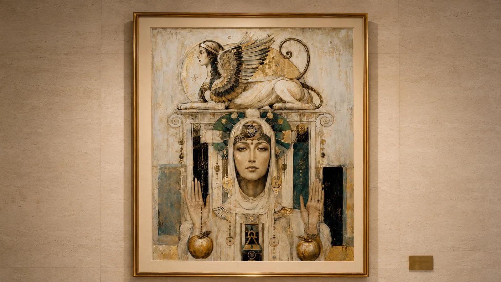 Close view of framed heritage-inspired statement artwork