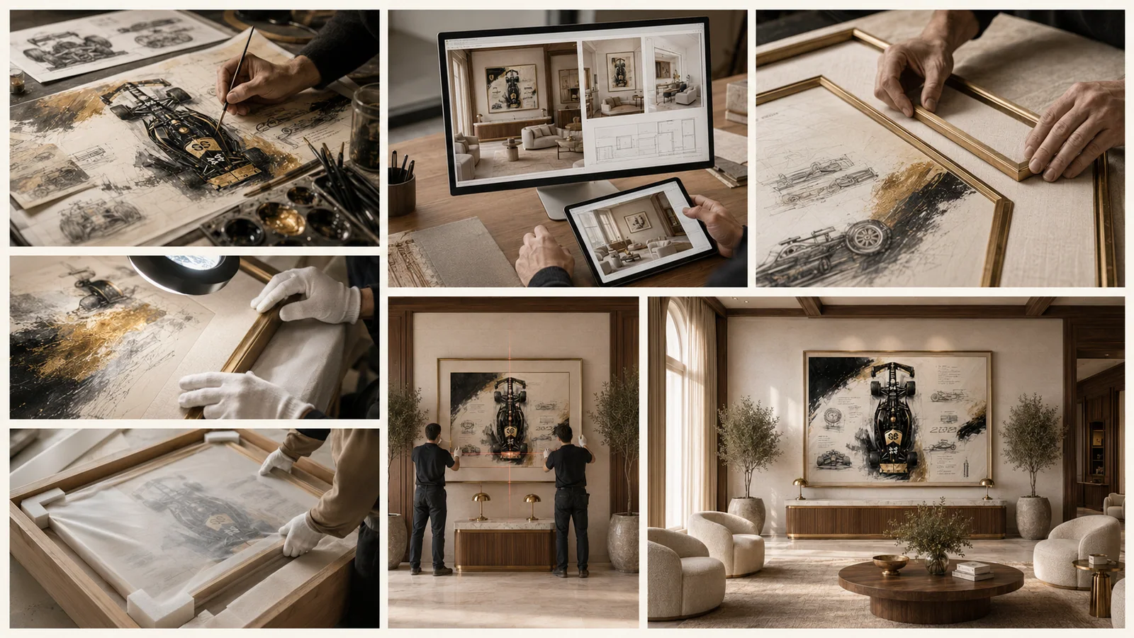 Hospitality artwork direction mood board with installation, framing and studio references