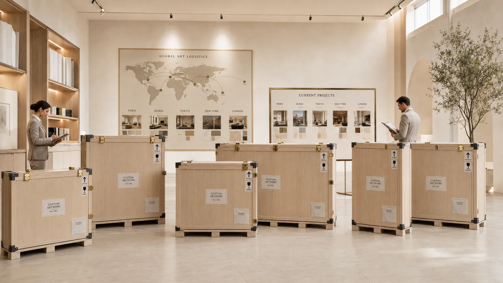 Labeled artwork freight crates staged for a hospitality project