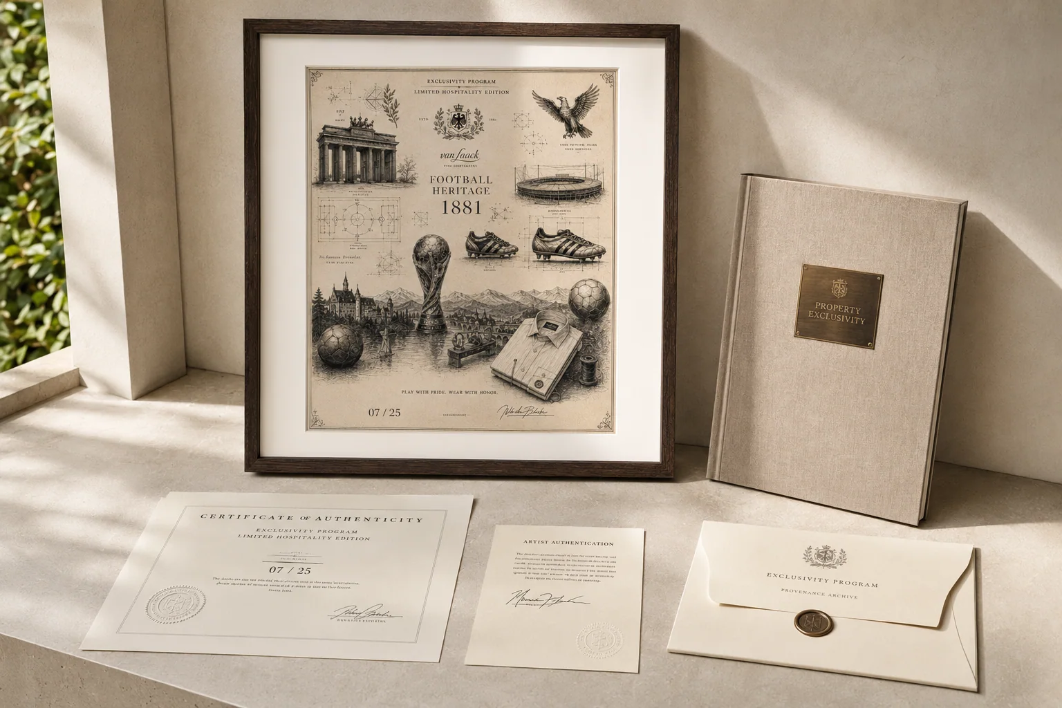 Hospitality client presentation with framed sample and documents