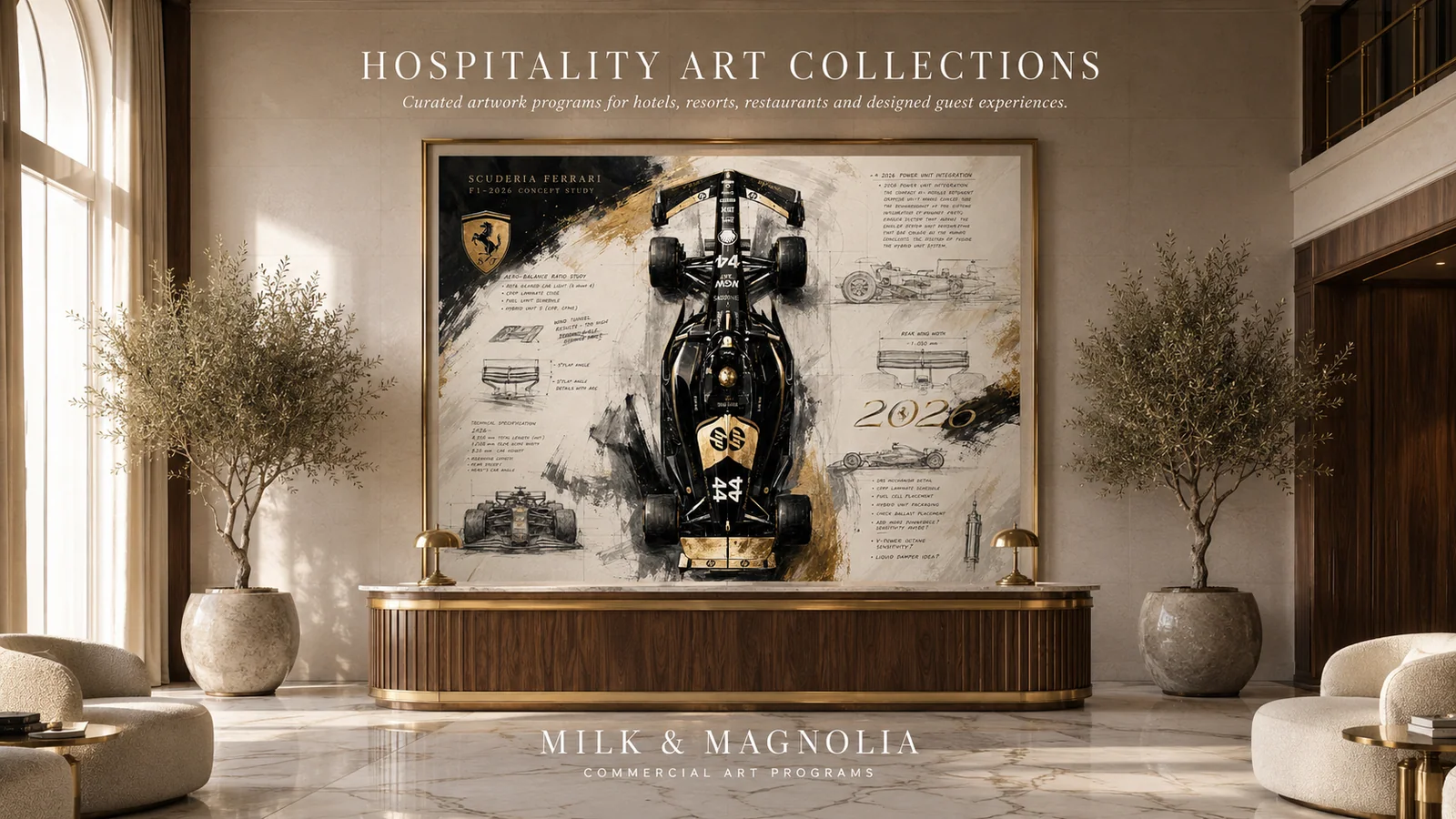 Statement artwork installed in a refined commercial hospitality lobby
