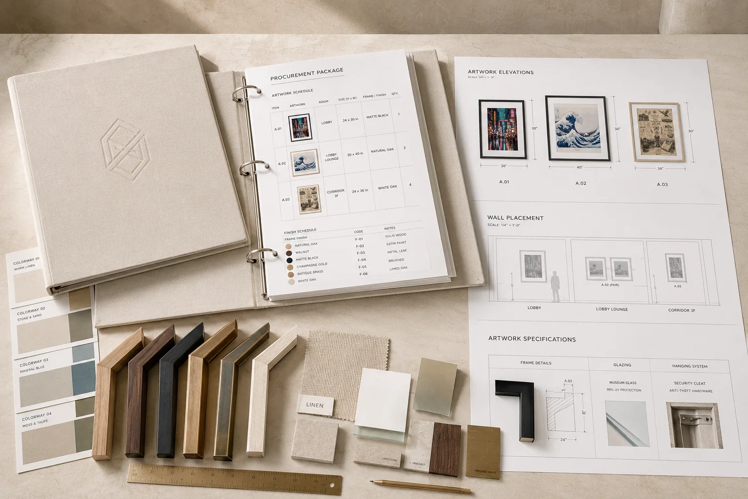 Hospitality proposal kit with artwork schedule, materials and frame samples