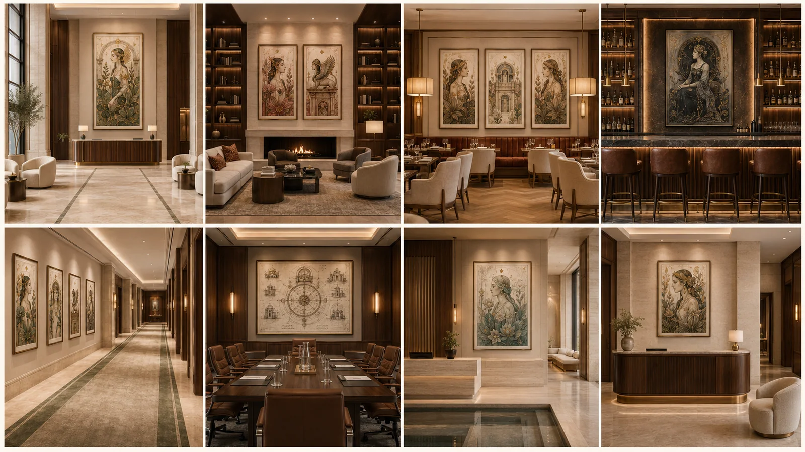 Commercial artwork application board organized across hospitality environments