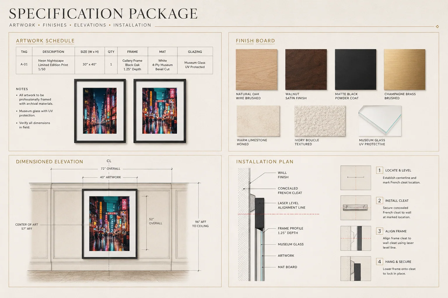 Hospitality artwork specification package with finishes and elevation