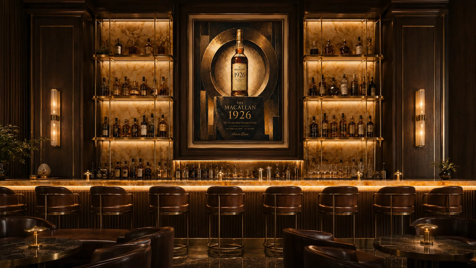 Completed hotel bar installation with heritage-inspired statement artwork