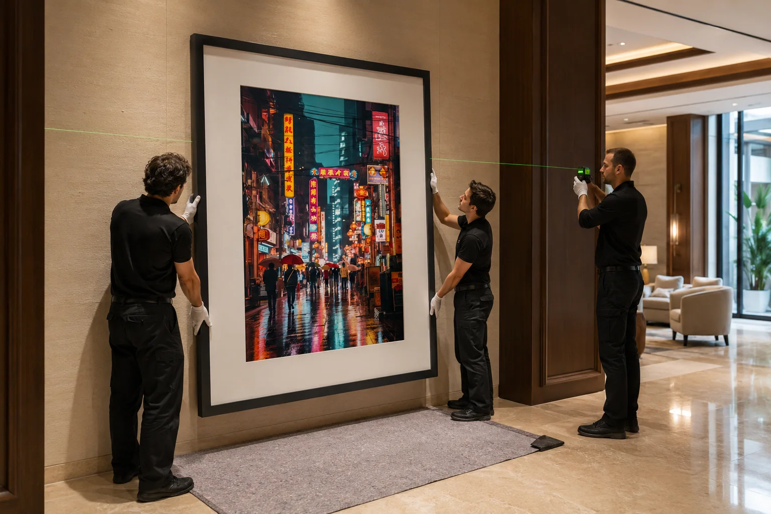 Large-format vertical artwork being installed in a hotel interior