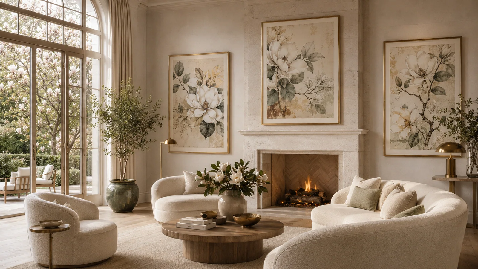 Completed bright hotel lobby installation with botanical triptych