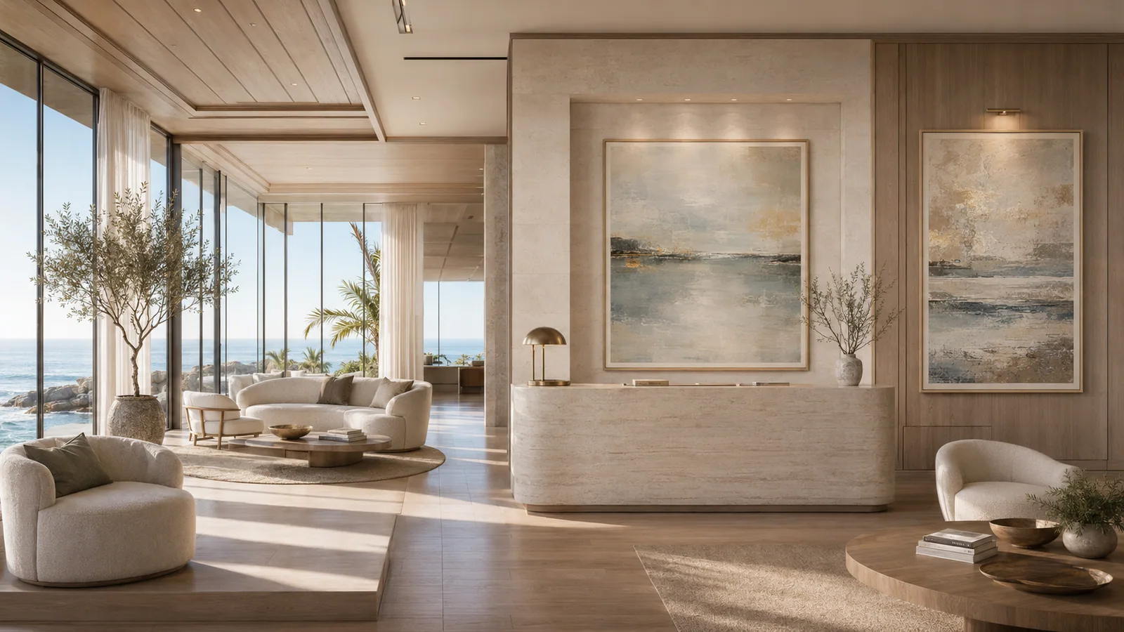 Completed hotel reception installation with oversized coastal diptych artwork