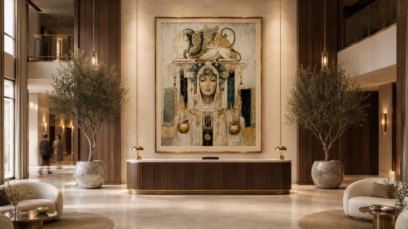 Completed luxury hotel lobby installation with oversized heritage-inspired artwork
