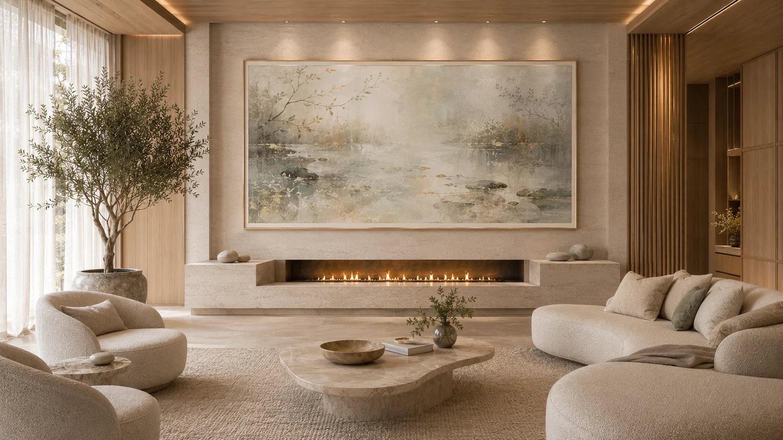 Completed lobby lounge installation with panoramic coastal artwork