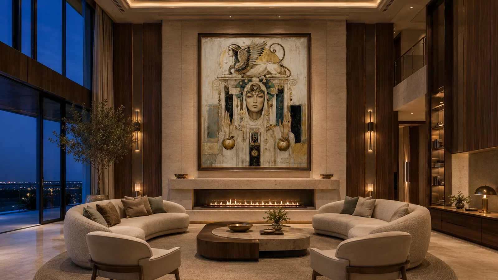 Completed evening lobby lounge installation with statement artwork