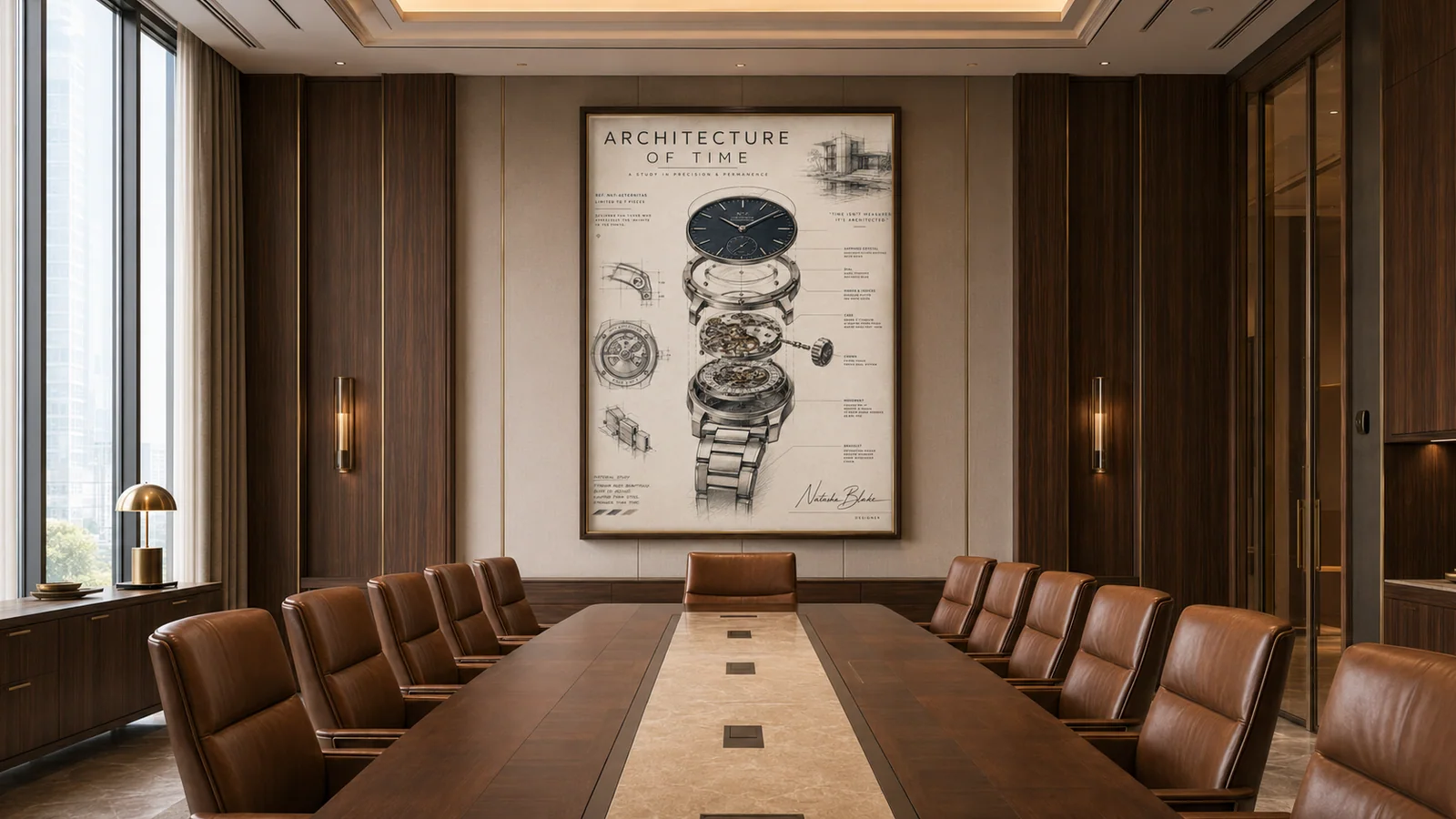 Completed hotel meeting-room installation with culinary illustration artwork