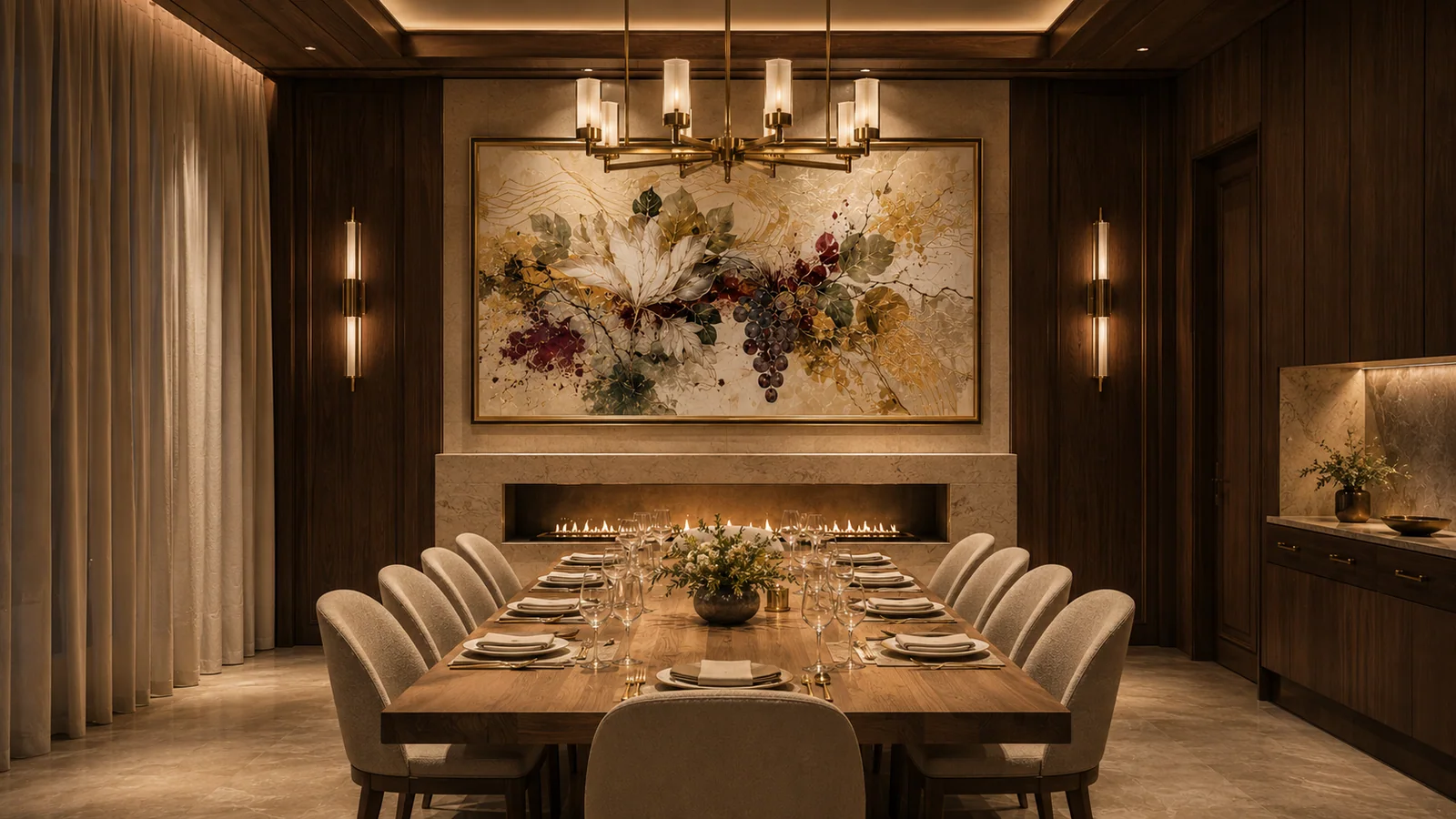Completed private dining room installation with large floral artwork