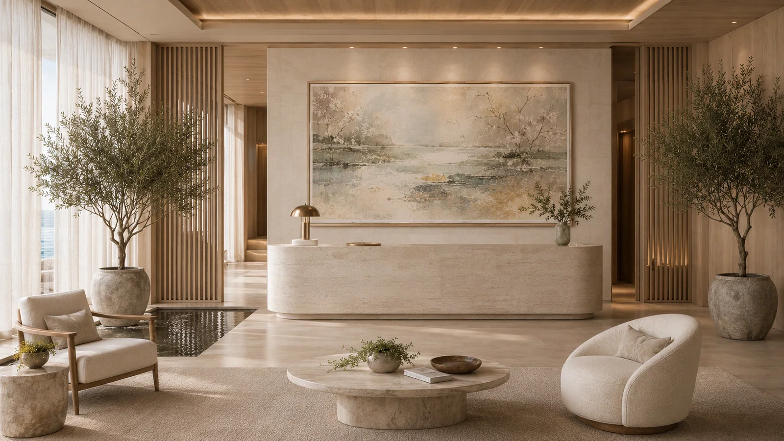 Completed hotel reception installation with oversized coastal artwork