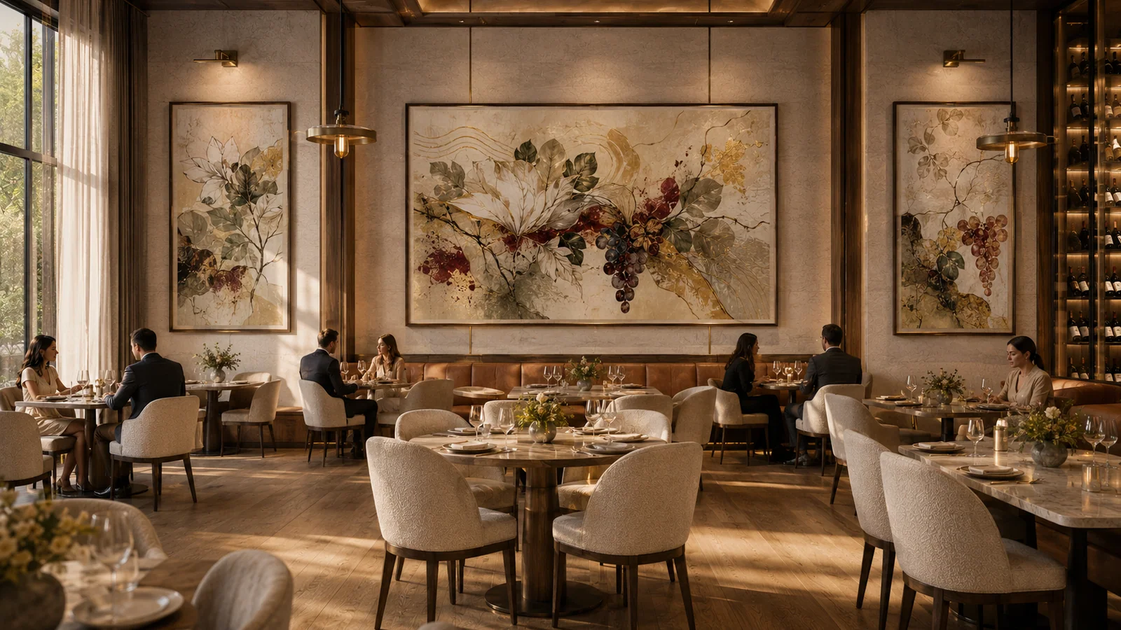 Completed hotel restaurant installation with coordinated botanical artwork