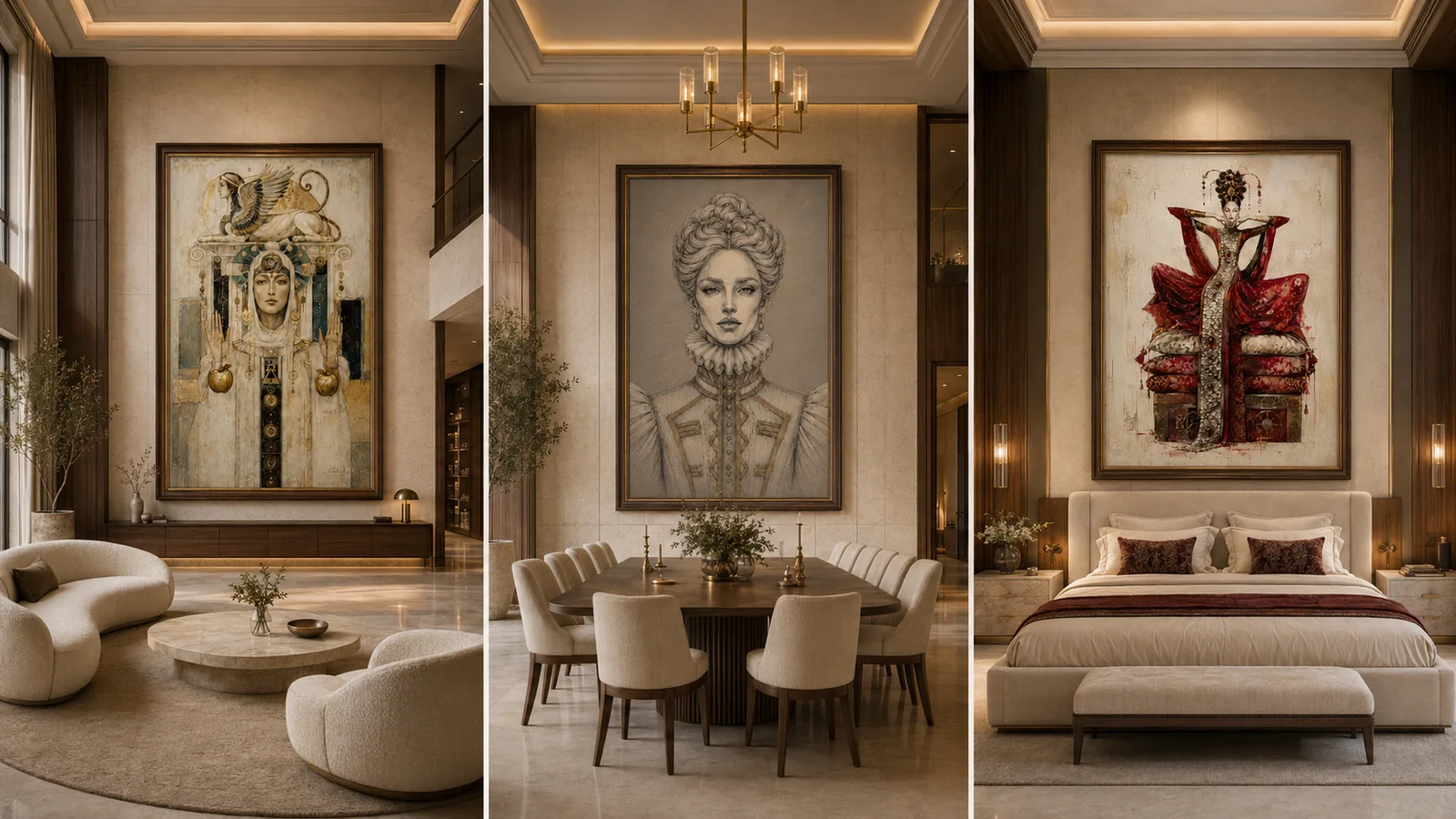 Three completed hotel suite installations with coordinated artwork families