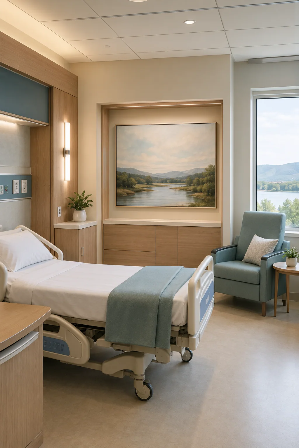 Bed-facing view of calm water artwork in a patient room