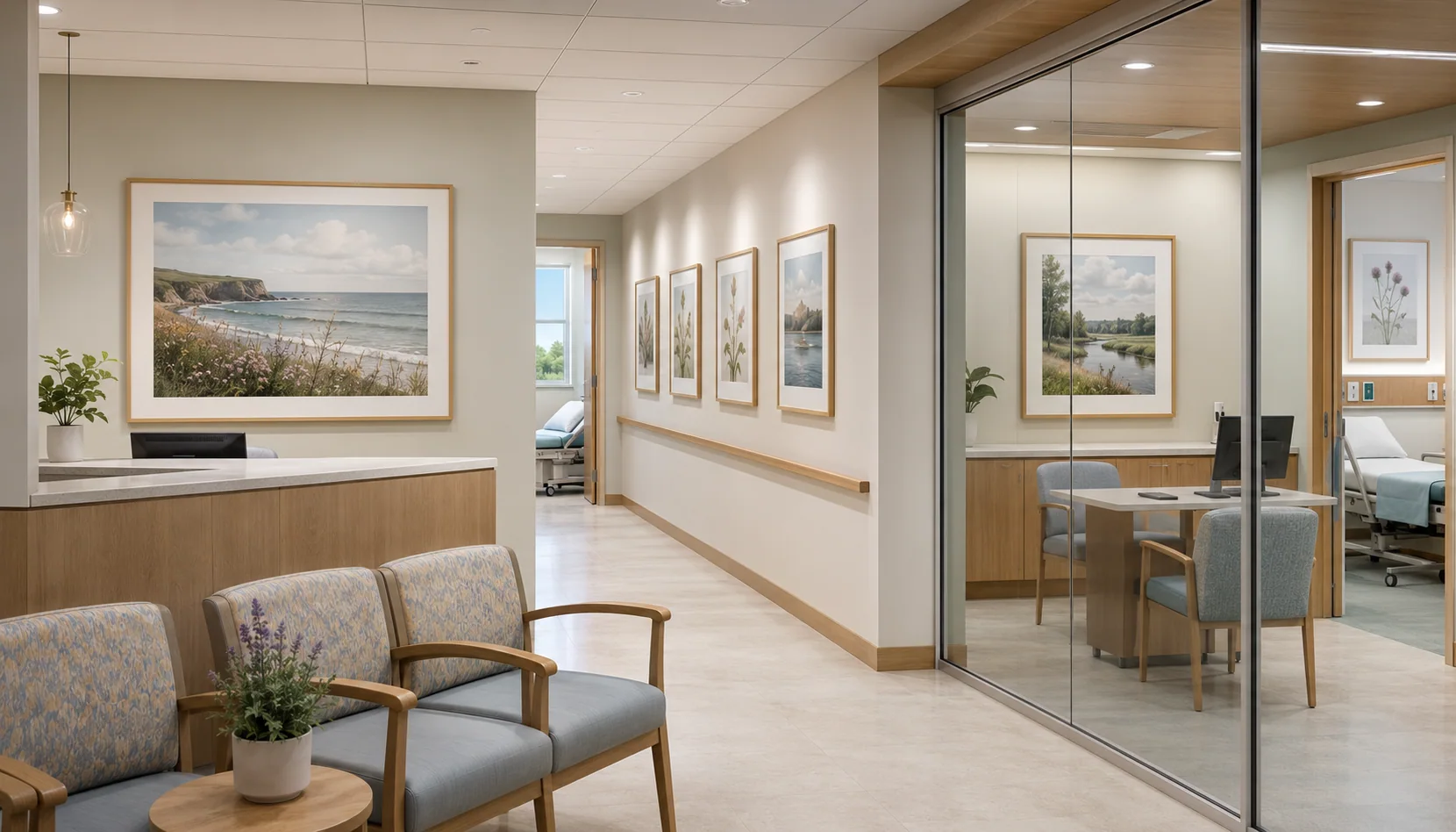 Healthcare consultation corridor transition with artwork