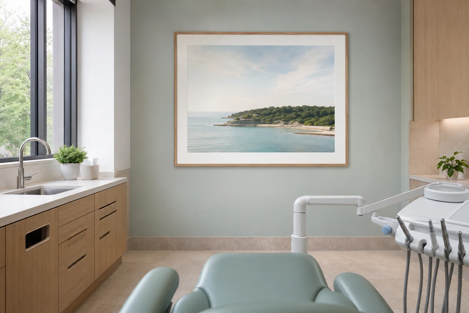 Dental operatory with shoreline artwork in the upright patient sight line
