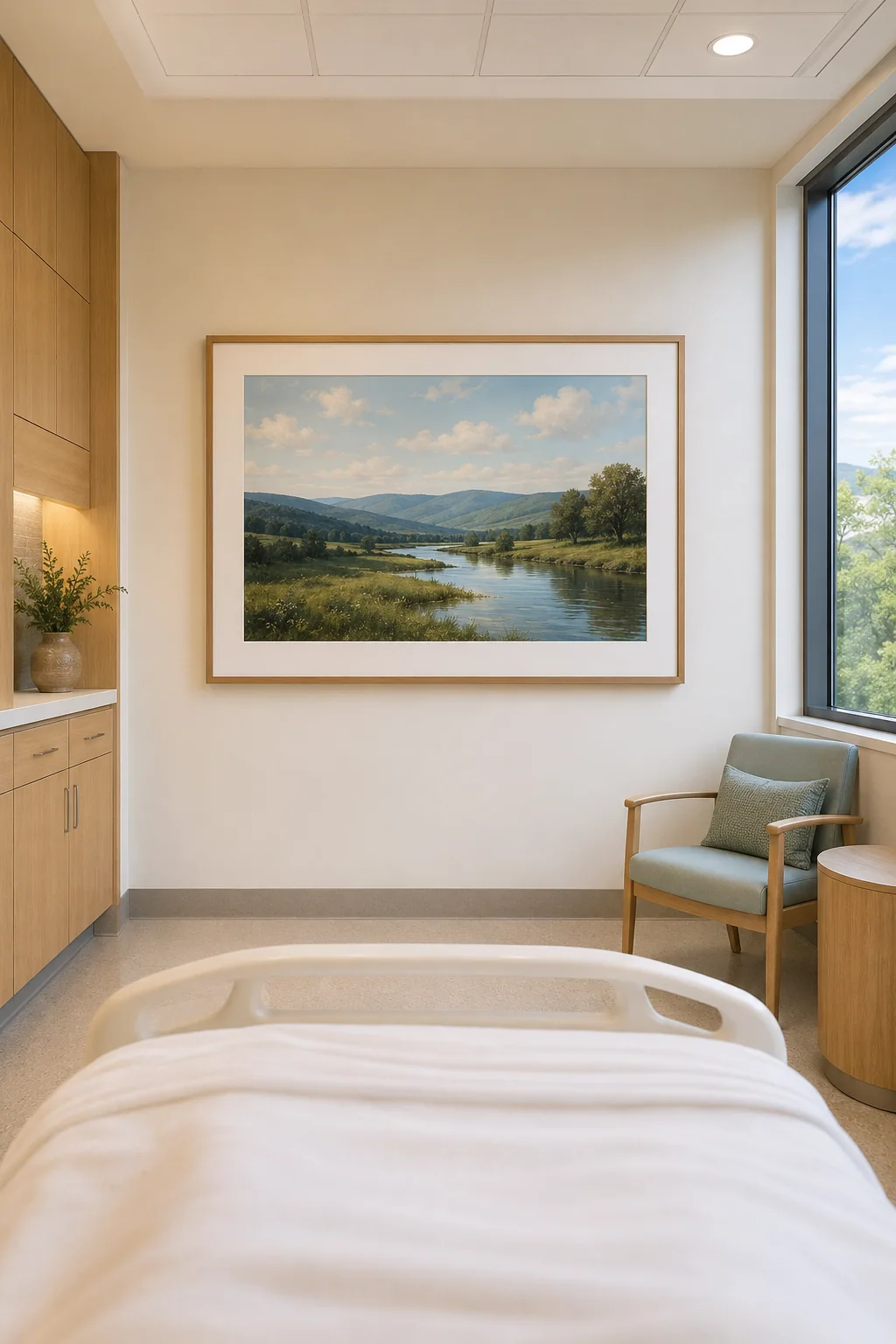 Patient room with a calm landscape visible from the bed
