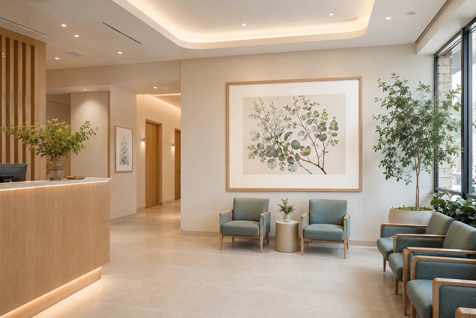 Quiet healthcare lounge with a restrained botanical artwork