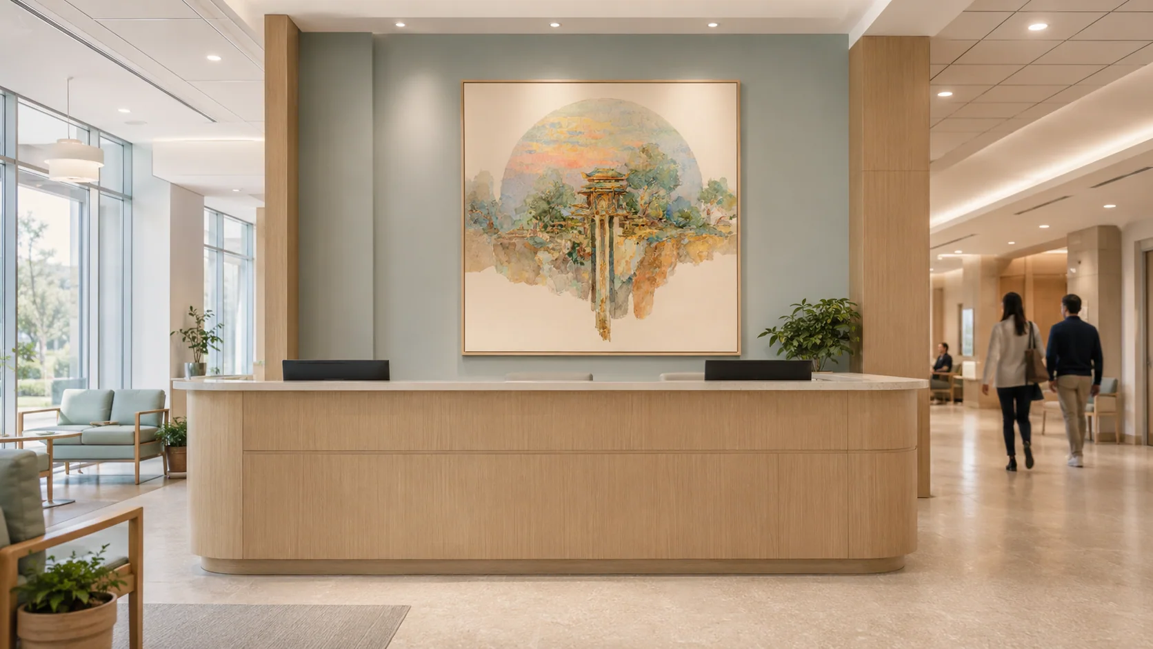 Healthcare reception with botanical artwork