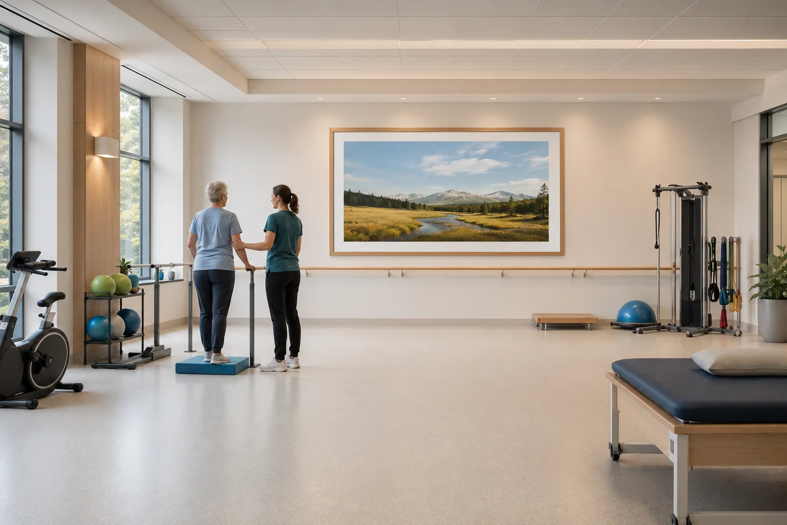 Rehabilitation environment with a wide landscape artwork