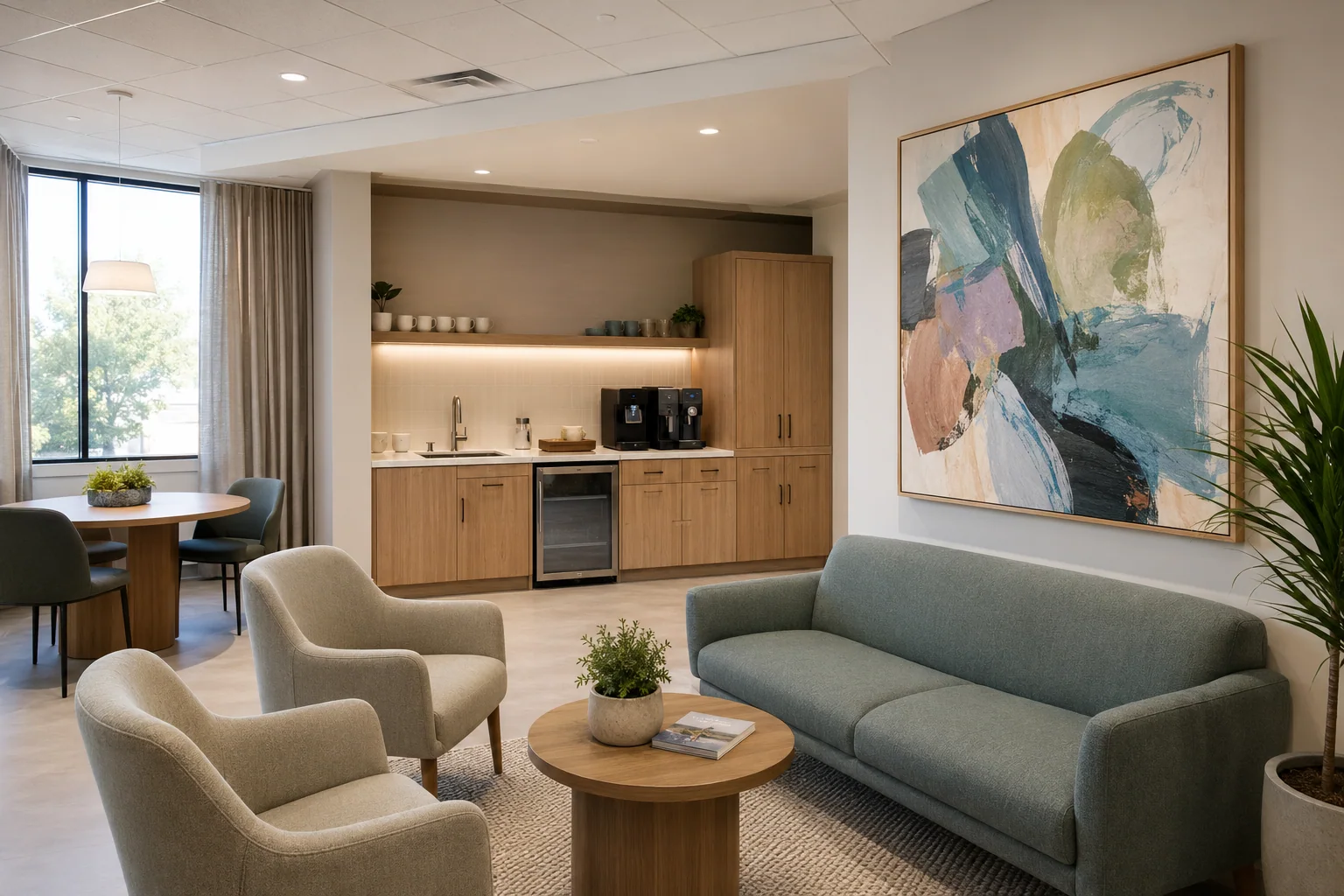 Healthcare staff respite lounge with a coordinated artwork family