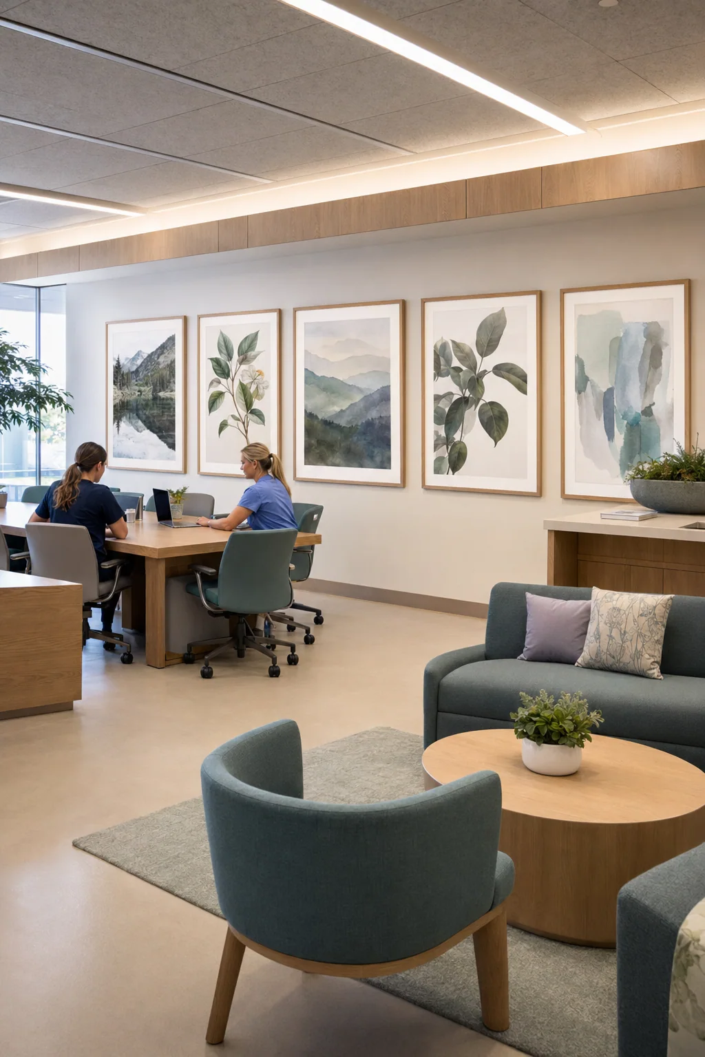 Healthcare team space with botanical and abstract artwork