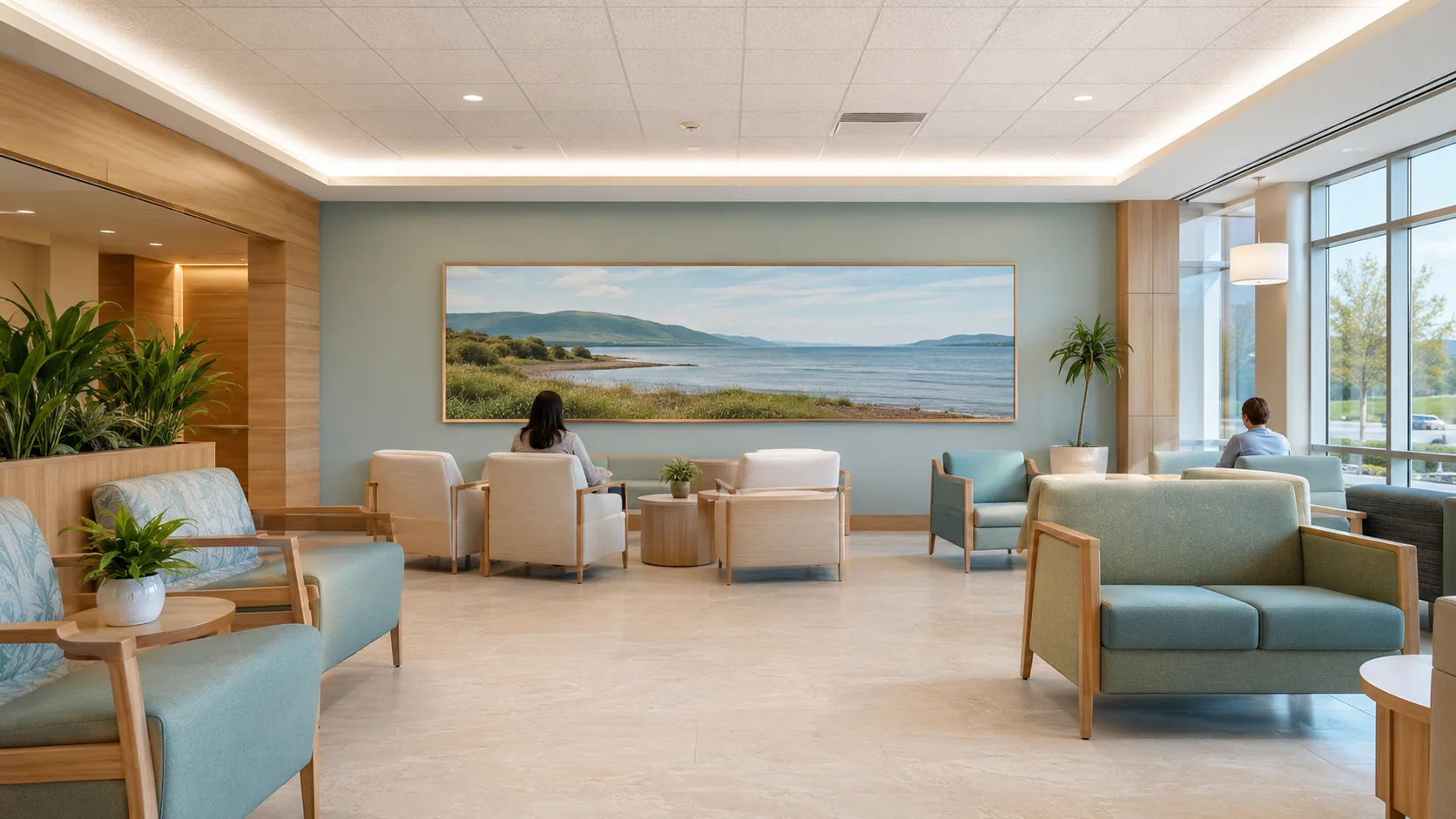 Healthcare waiting lounge with a wide water-horizon artwork