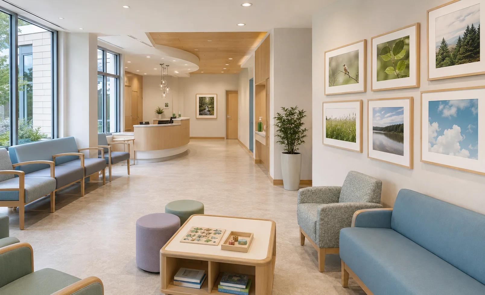 Healthcare wellness and family lounge with nature artwork