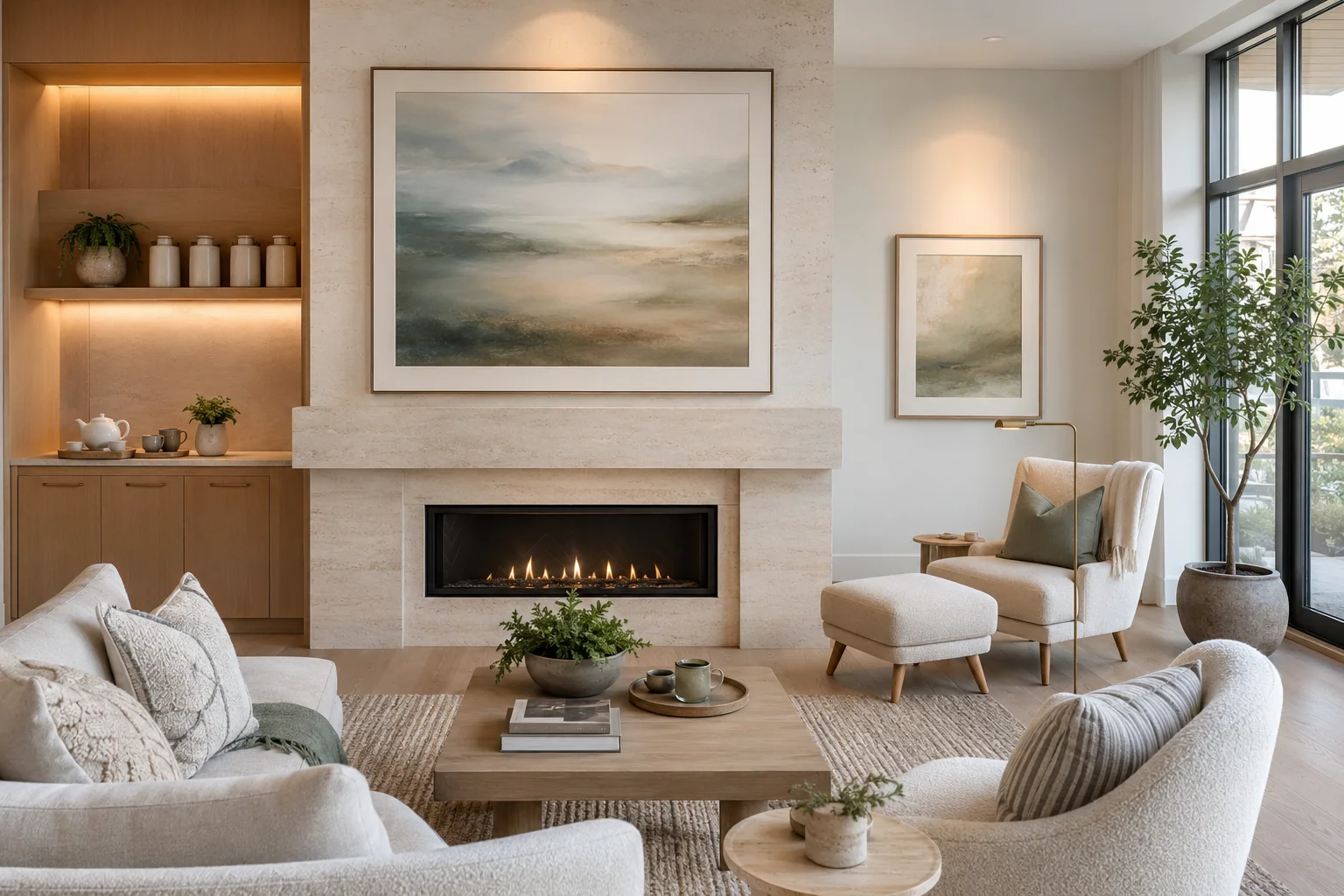 Sample clubroom fireplace wall with oversized landscape artwork